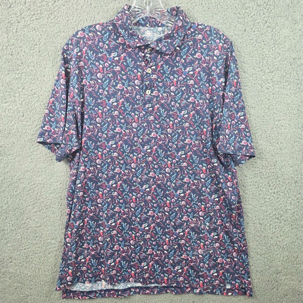 Peter Millar Seaside Polo Shirt Men's Blue Cocktails All Over Print Size M
